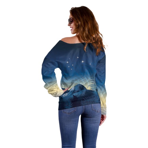 New Zealand Matariki Off Shoulder Sweater Maori Waka With Silver Fern