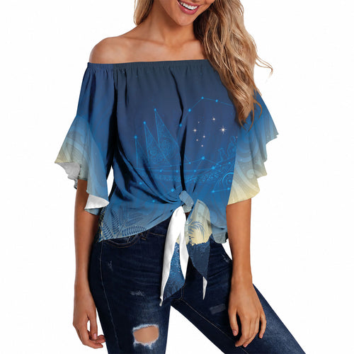 New Zealand Matariki Off Shoulder Wrap Waist Top Maori Waka With Silver Fern