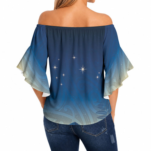 New Zealand Matariki Off Shoulder Wrap Waist Top Maori Waka With Silver Fern
