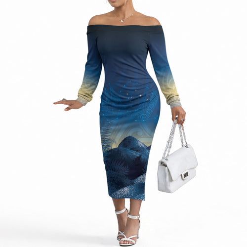 New Zealand Matariki Off The Shoulder Long Sleeve Dress Maori Waka With Silver Fern