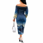 New Zealand Matariki Off The Shoulder Long Sleeve Dress Maori Waka With Silver Fern