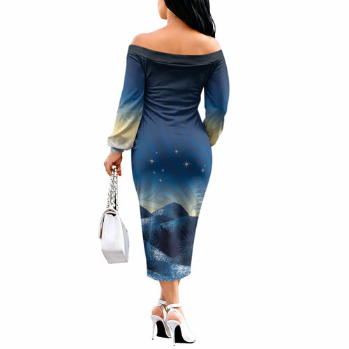 New Zealand Matariki Off The Shoulder Long Sleeve Dress Maori Waka With Silver Fern