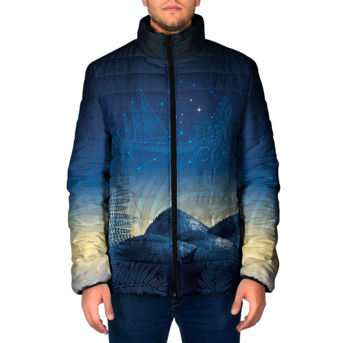 New Zealand Matariki Padded Jacket Maori Waka With Silver Fern
