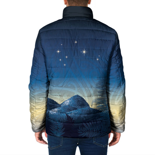 New Zealand Matariki Padded Jacket Maori Waka With Silver Fern