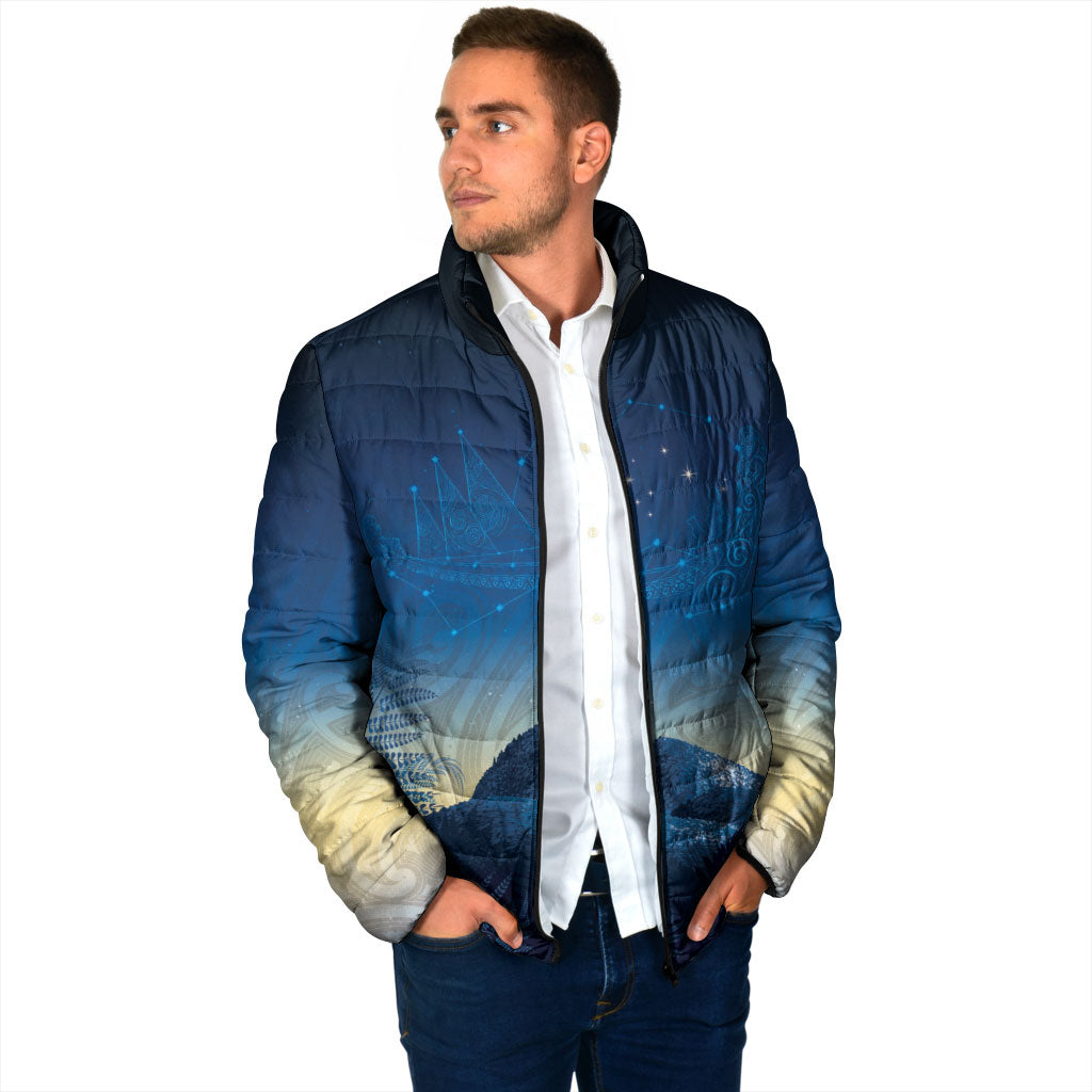 New Zealand Matariki Padded Jacket Maori Waka With Silver Fern