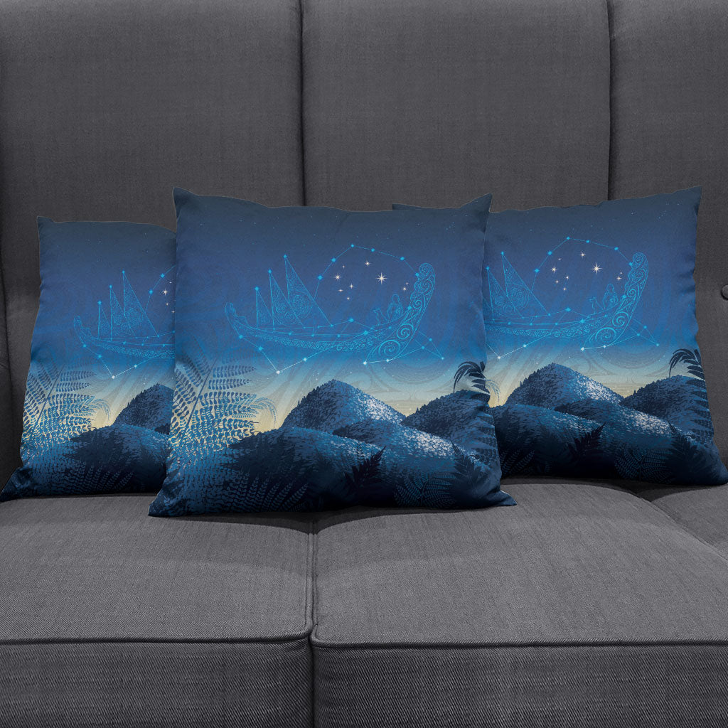 New Zealand Matariki Pillow Cover Maori Waka With Silver Fern