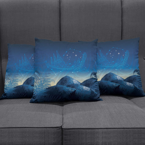 New Zealand Matariki Pillow Cover Maori Waka With Silver Fern