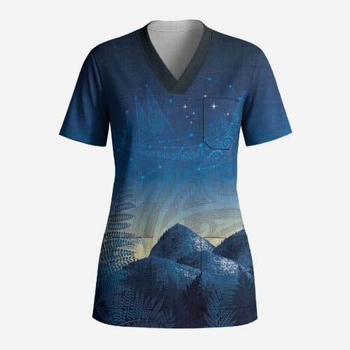 New Zealand Matariki Scrub Top Maori Waka With Silver Fern