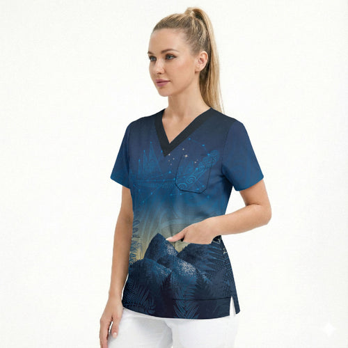 New Zealand Matariki Scrub Top Maori Waka With Silver Fern
