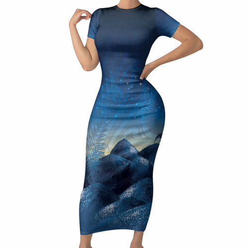 New Zealand Matariki Short Sleeve Bodycon Dress Maori Waka With Silver Fern