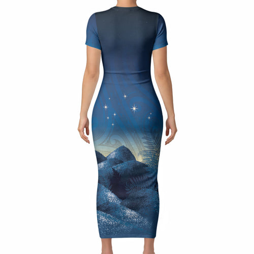 New Zealand Matariki Short Sleeve Bodycon Dress Maori Waka With Silver Fern