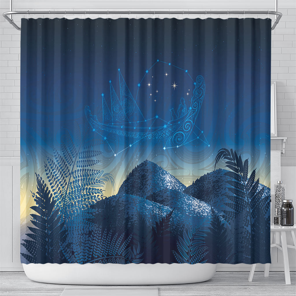 New Zealand Matariki Shower Curtain Maori Waka With Silver Fern