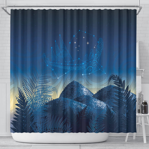 New Zealand Matariki Shower Curtain Maori Waka With Silver Fern