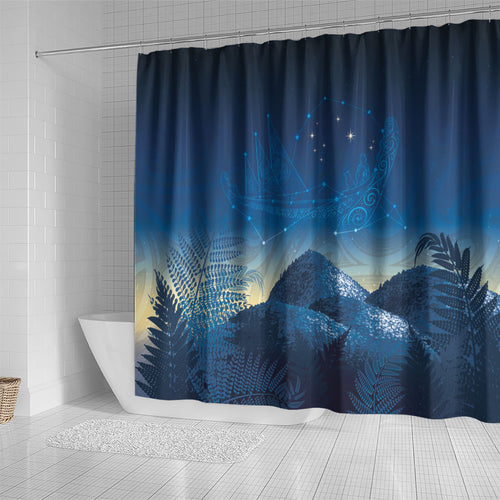 New Zealand Matariki Shower Curtain Maori Waka With Silver Fern