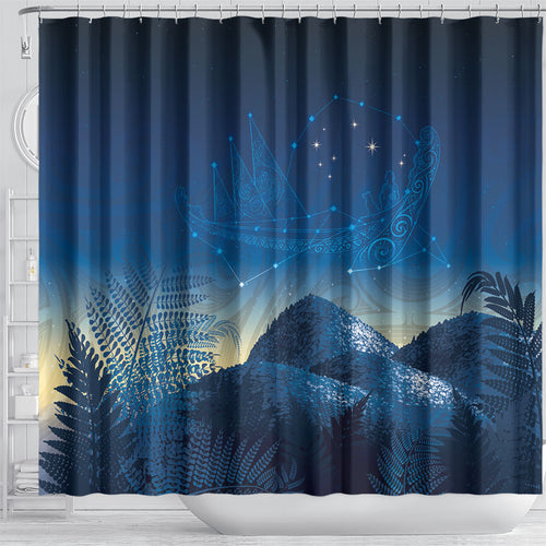 New Zealand Matariki Shower Curtain Maori Waka With Silver Fern