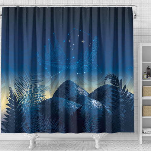 New Zealand Matariki Shower Curtain Maori Waka With Silver Fern