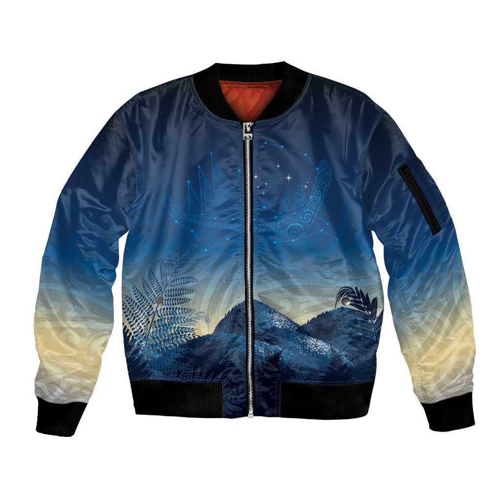 New Zealand Matariki Sleeve Zip Bomber Jacket Maori Waka With Silver Fern