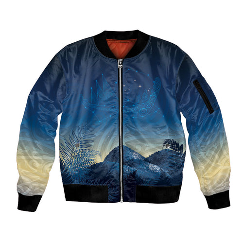 New Zealand Matariki Sleeve Zip Bomber Jacket Maori Waka With Silver Fern
