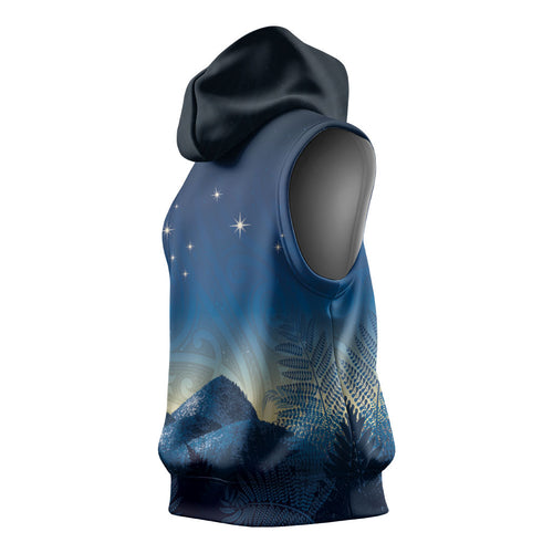 New Zealand Matariki Sleeveless Hoodie Maori Waka With Silver Fern