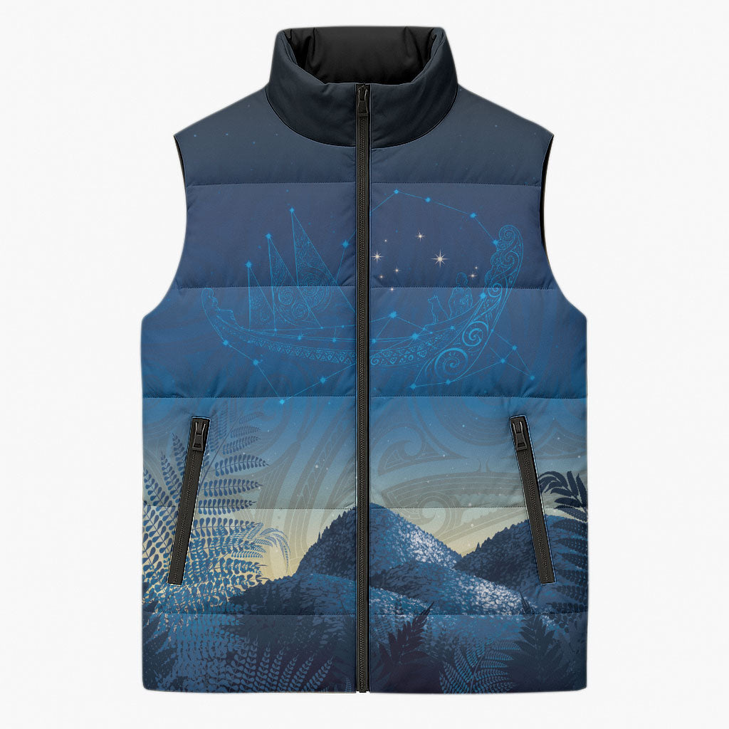 New Zealand Matariki Sleeveless Puffer Jacket Maori Waka With Silver Fern