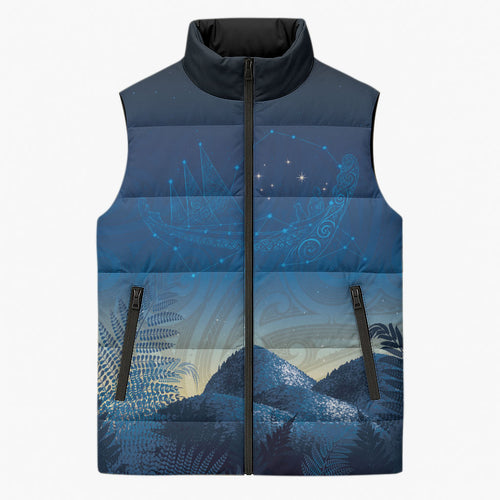 New Zealand Matariki Sleeveless Puffer Jacket Maori Waka With Silver Fern