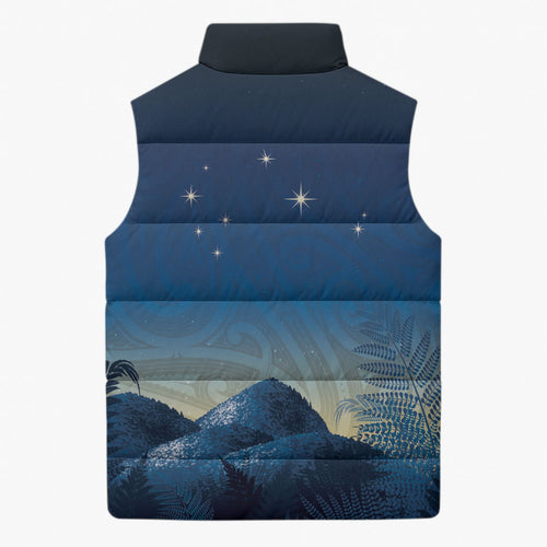 New Zealand Matariki Sleeveless Puffer Jacket Maori Waka With Silver Fern