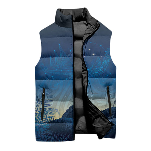 New Zealand Matariki Sleeveless Puffer Jacket Maori Waka With Silver Fern