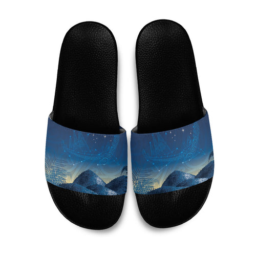 New Zealand Matariki Slide Sandals Maori Waka With Silver Fern