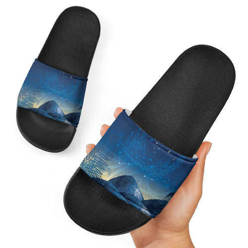 New Zealand Matariki Slide Sandals Maori Waka With Silver Fern