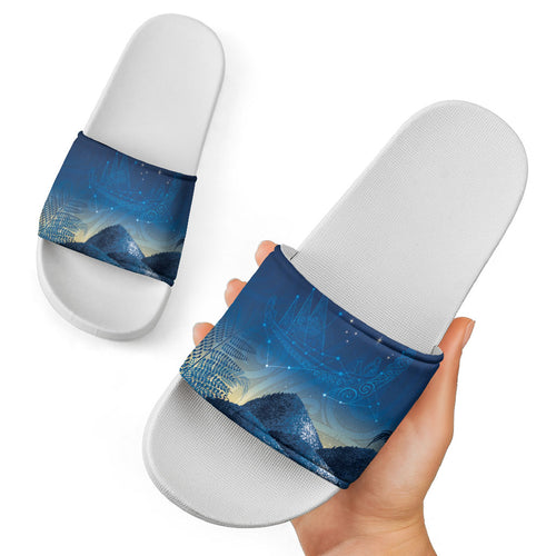 New Zealand Matariki Slide Sandals Maori Waka With Silver Fern