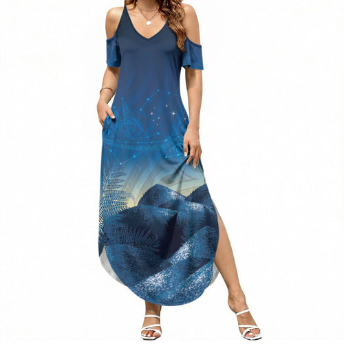 New Zealand Matariki Summer Maxi Dress Maori Waka With Silver Fern