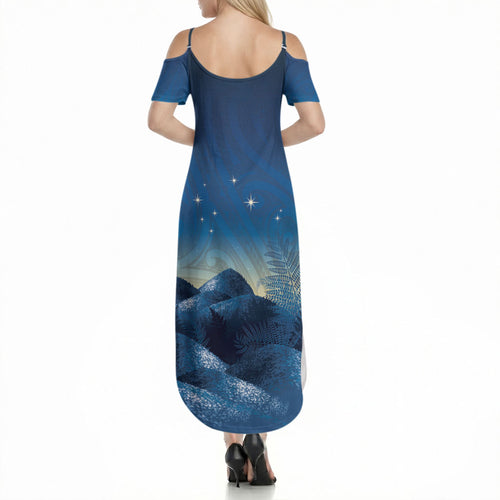 New Zealand Matariki Summer Maxi Dress Maori Waka With Silver Fern