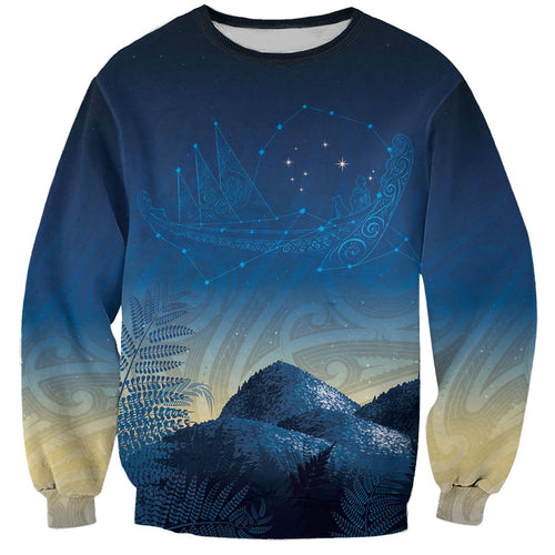 New Zealand Matariki Sweatshirt Maori Waka With Silver Fern