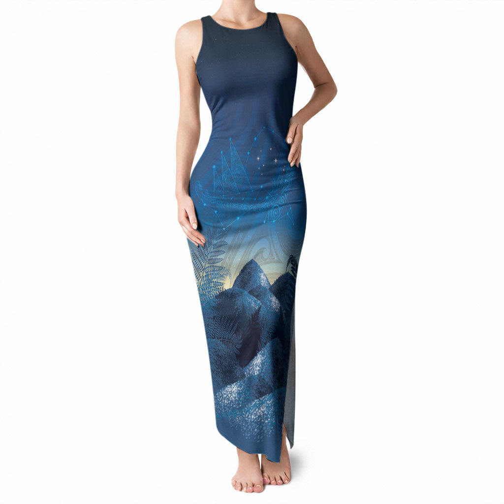 New Zealand Matariki Tank Maxi Dress Maori Waka With Silver Fern