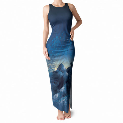 New Zealand Matariki Tank Maxi Dress Maori Waka With Silver Fern