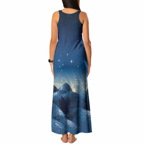 New Zealand Matariki Tank Maxi Dress Maori Waka With Silver Fern