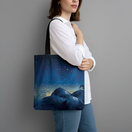 New Zealand Matariki Tote Bag Maori Waka With Silver Fern