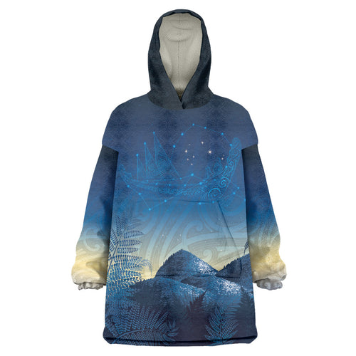 New Zealand Matariki Wearable Blanket Hoodie Maori Waka With Silver Fern