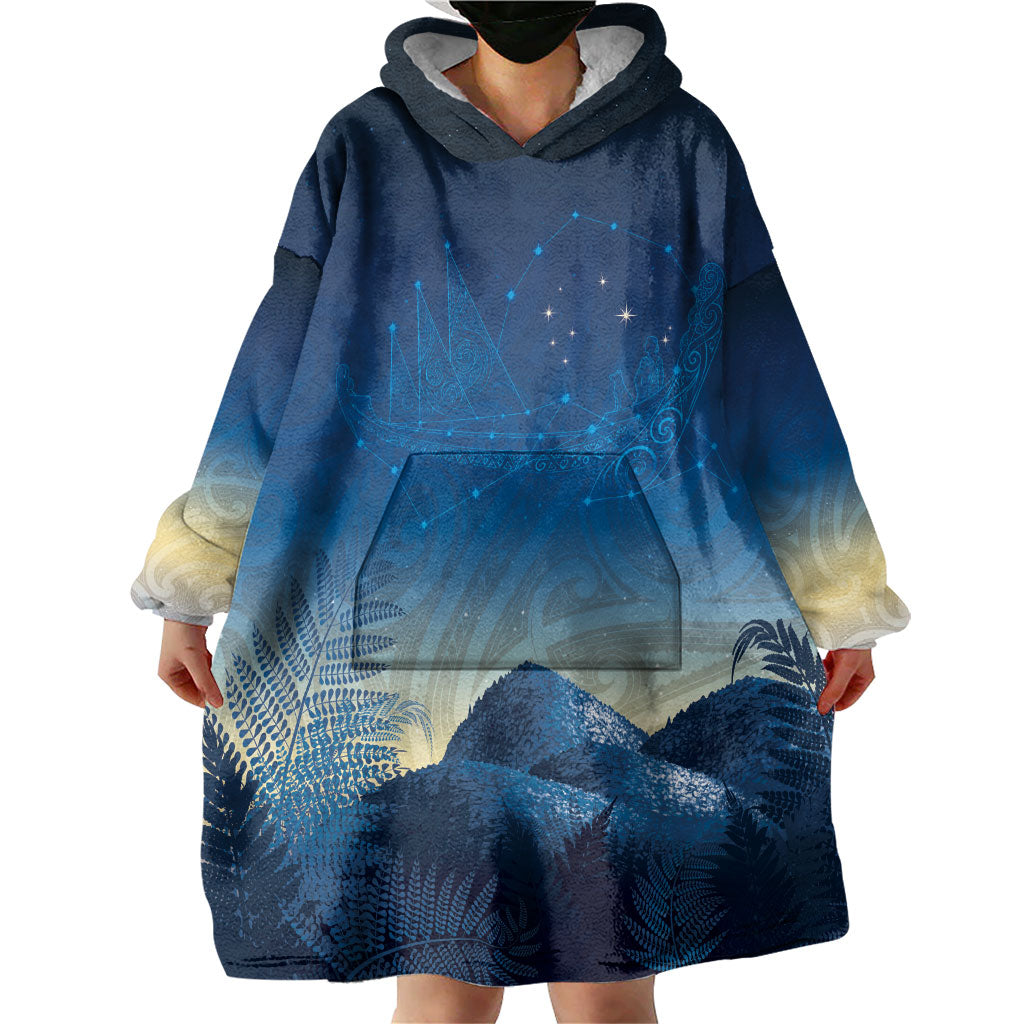 New Zealand Matariki Wearable Blanket Hoodie Maori Waka With Silver Fern