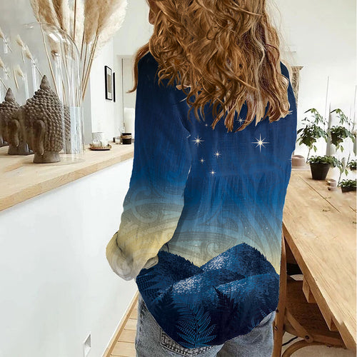 New Zealand Matariki Women Casual Shirt Maori Waka With Silver Fern