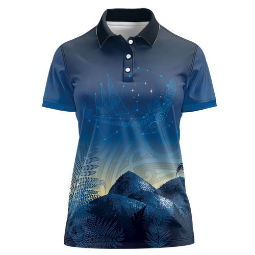 New Zealand Matariki Women Polo Shirt Maori Waka With Silver Fern