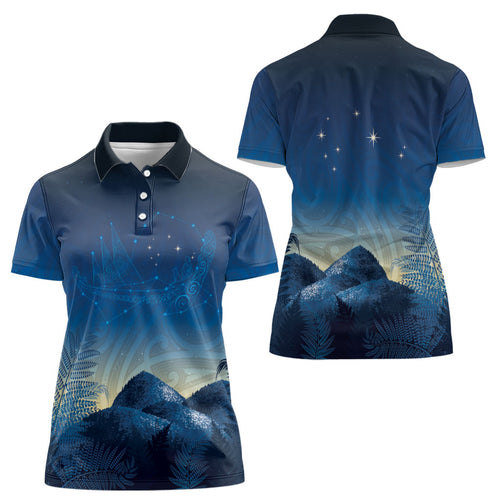 New Zealand Matariki Women Polo Shirt Maori Waka With Silver Fern