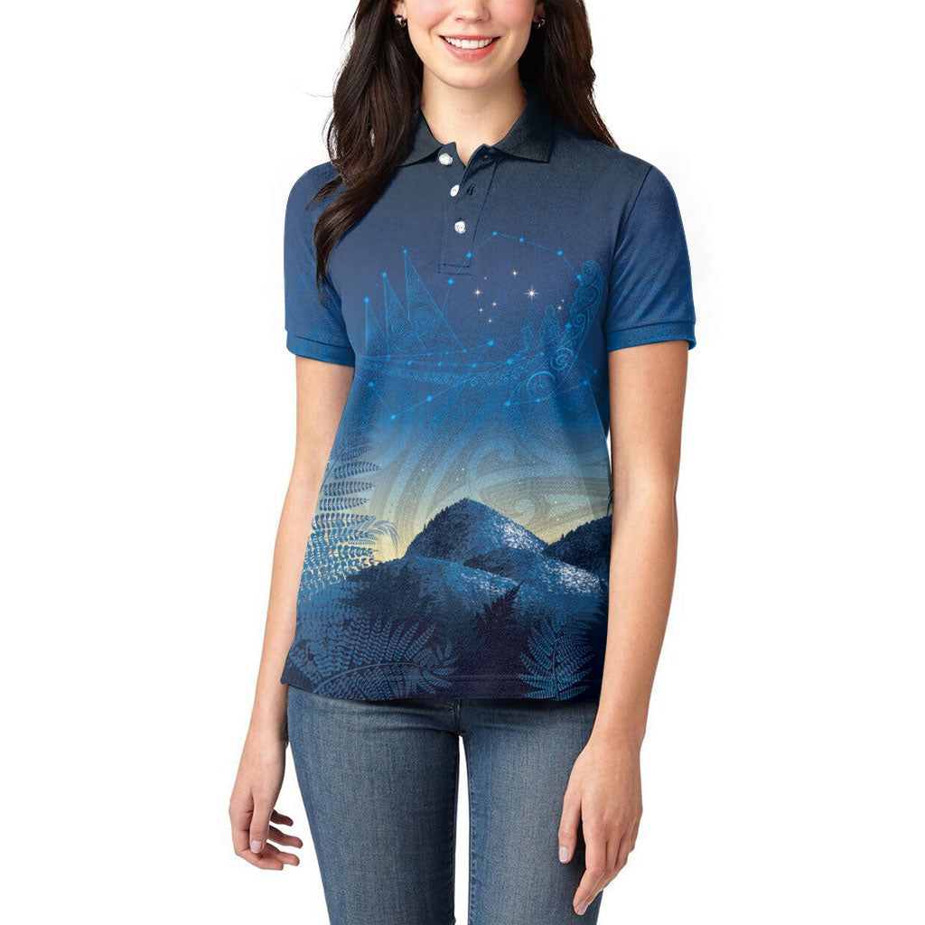 New Zealand Matariki Women Polo Shirt Maori Waka With Silver Fern