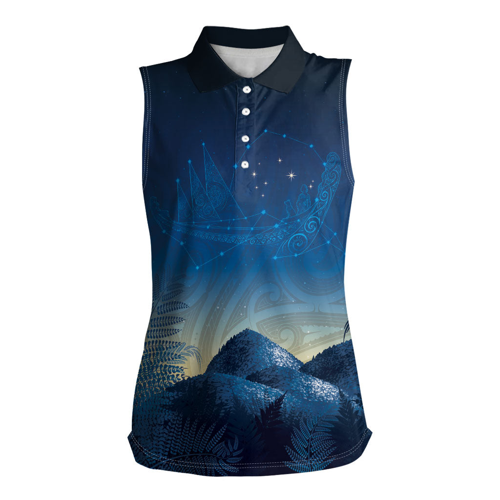 New Zealand Matariki Women Sleeveless Polo Shirt Maori Waka With Silver Fern