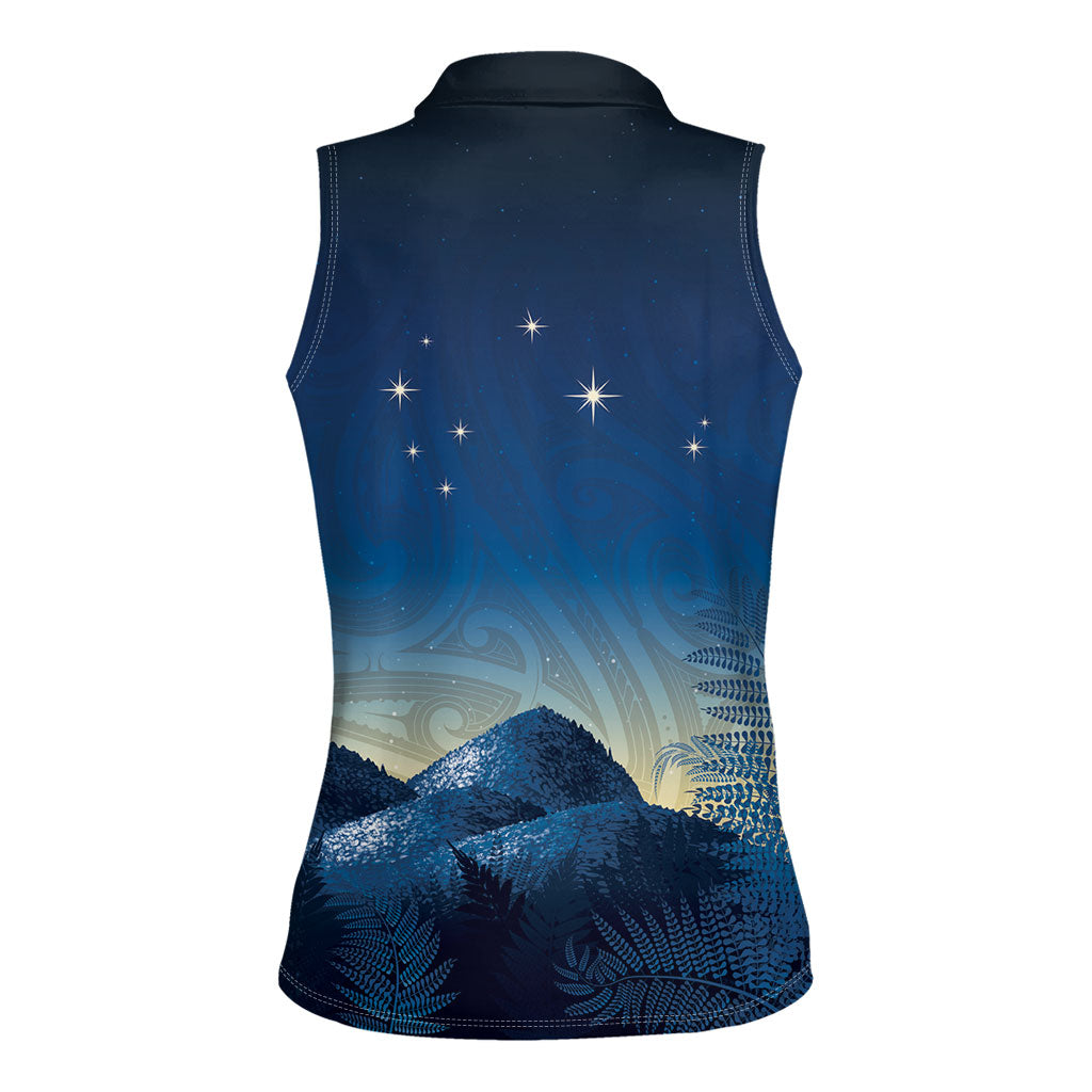 New Zealand Matariki Women Sleeveless Polo Shirt Maori Waka With Silver Fern