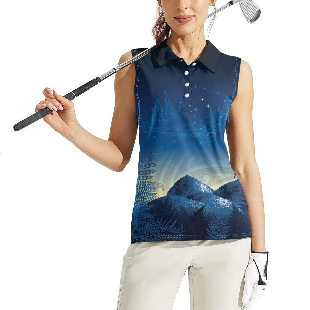 New Zealand Matariki Women Sleeveless Polo Shirt Maori Waka With Silver Fern