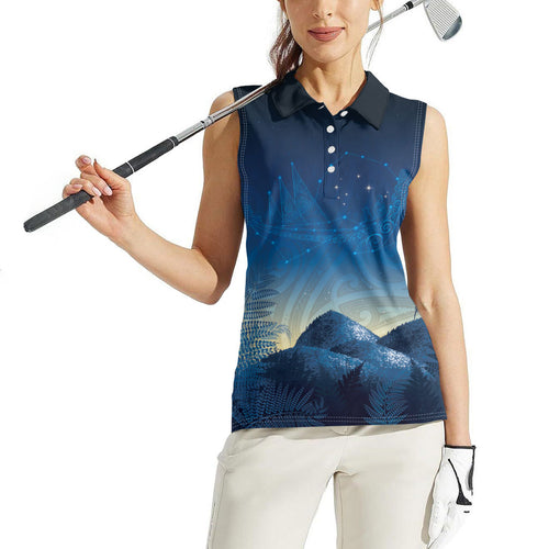 New Zealand Matariki Women Sleeveless Polo Shirt Maori Waka With Silver Fern