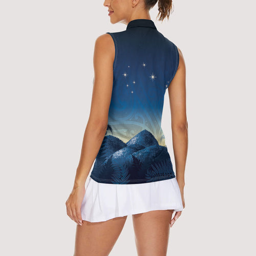 New Zealand Matariki Women Sleeveless Polo Shirt Maori Waka With Silver Fern