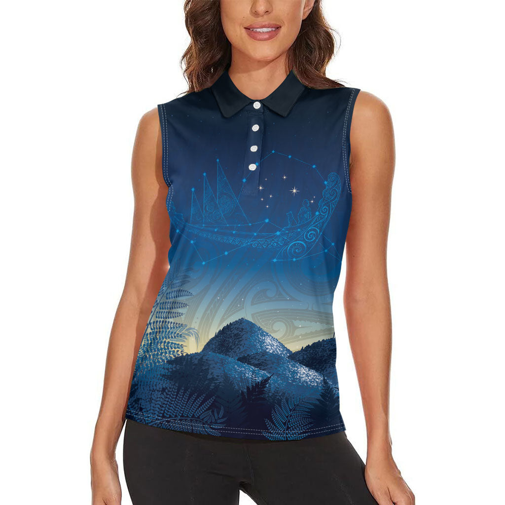 New Zealand Matariki Women Sleeveless Polo Shirt Maori Waka With Silver Fern