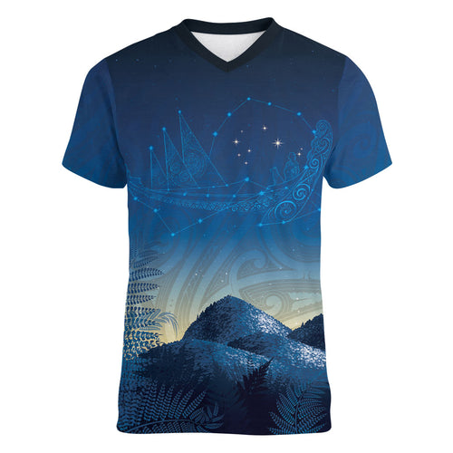 New Zealand Matariki Women V-Neck T-Shirt Maori Waka With Silver Fern